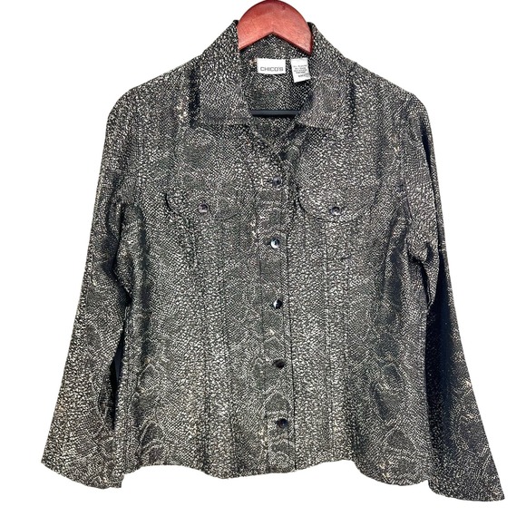 Chico's Tops - Chicos Sz 1 Medium Metallic Jacket blazer Blouse Shirt Top Gray Formal Travel
